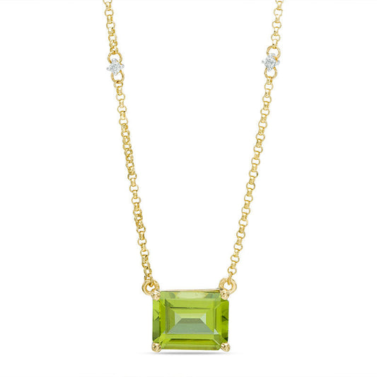 Emerald-Cut Peridot and Natural Diamond Accent Necklace in 10K Yellow Gold