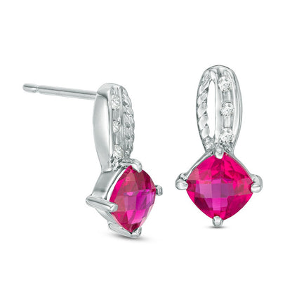 5.0mm Cushion-Cut Lab-Created Ruby and Diamond Accent Rope Drop Earrings in 10K White Gold