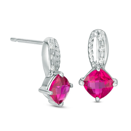 5.0mm Cushion-Cut Lab-Created Ruby and Diamond Accent Rope Drop Earrings in 10K White Gold
