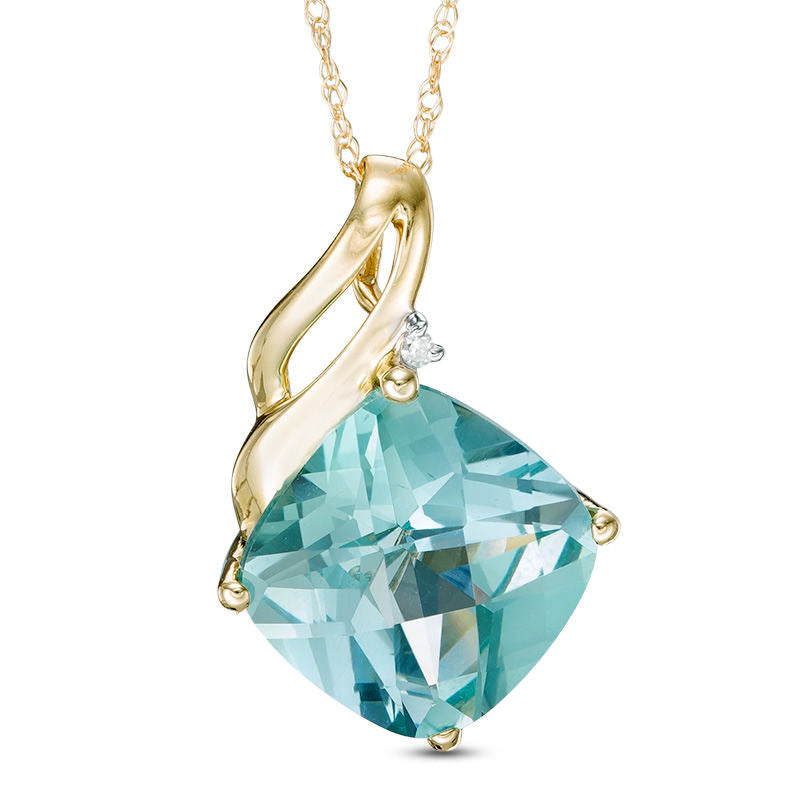10.0mm Cushion-Cut Lab-Created Green Paraiba Tourmaline and Diamond Accent Pendant in 10K Yellow Gold