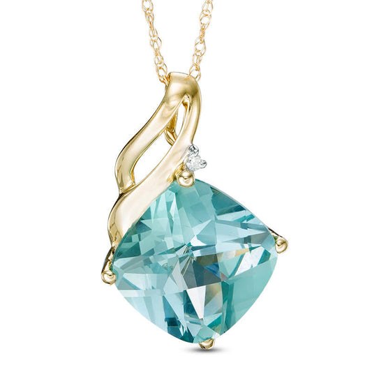 10.0mm Cushion-Cut Lab-Created Green Paraiba Tourmaline and Diamond Accent Pendant in 10K Yellow Gold
