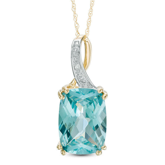 Cushion-Cut Lab-Created Green Paraiba Tourmaline and Diamond Accent Pendant in 10K Yellow Gold