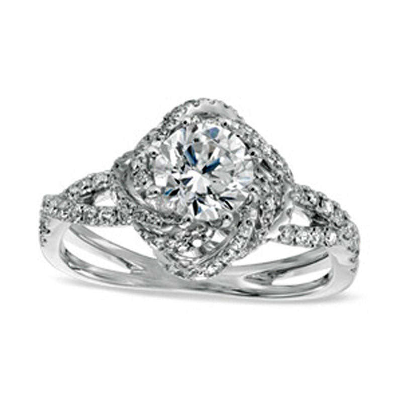 1.25 CT. T.W. Natural Diamond Swirl Frame Split Shank Engagement Ring in Solid 14K White Gold