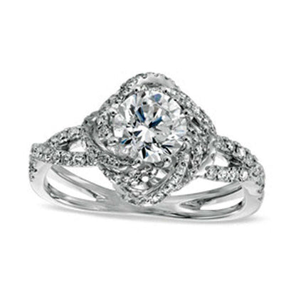1.25 CT. T.W. Natural Diamond Swirl Frame Split Shank Engagement Ring in Solid 14K White Gold