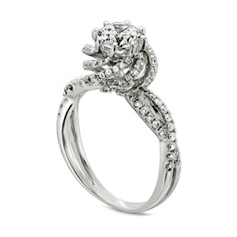 1.25 CT. T.W. Natural Diamond Swirl Frame Split Shank Engagement Ring in Solid 14K White Gold