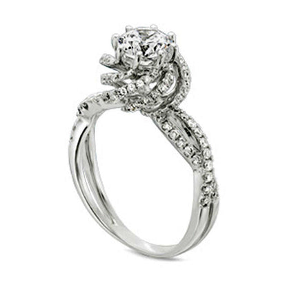1.25 CT. T.W. Natural Diamond Swirl Frame Split Shank Engagement Ring in Solid 14K White Gold