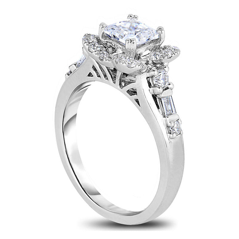 1.5 CT. T.W. Cushion-Cut Natural Diamond Flower Frame Engagement Ring in Solid 14K White Gold