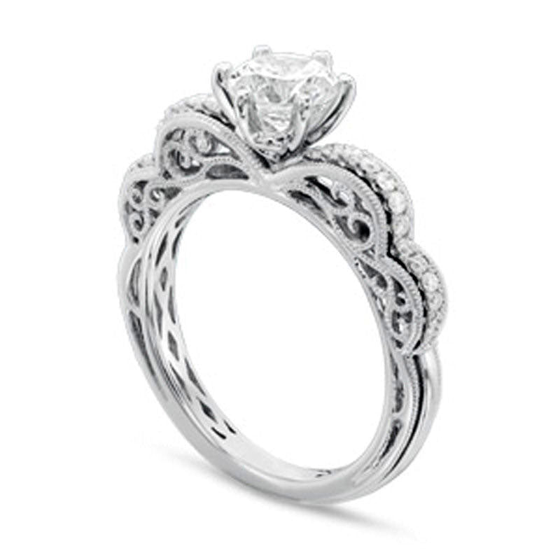 1.13 CT. T.W. Natural Diamond Frame Antique Vintage-Style Engagement Ring in Solid 14K White Gold