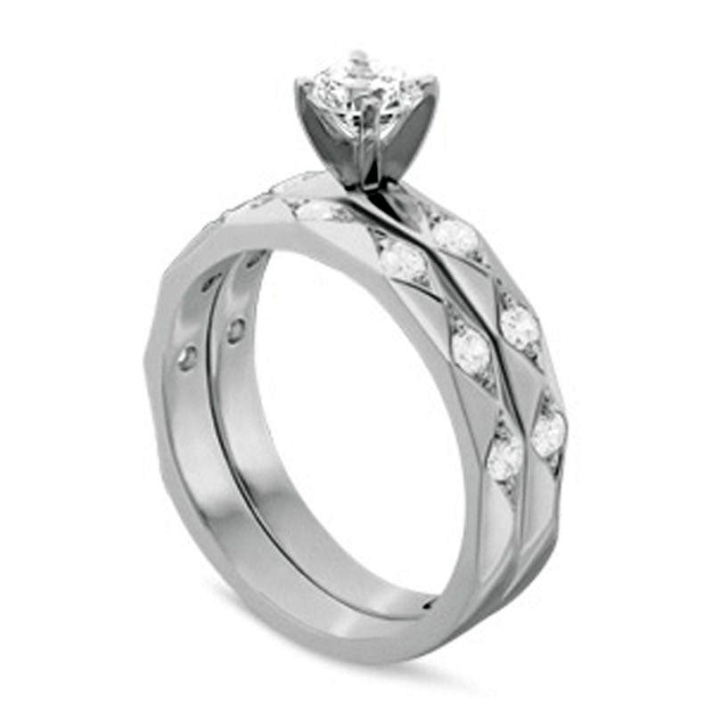 1.0 CT. T.W. Natural Diamond Quilted Bridal Engagement Ring Set in Solid 14K White Gold