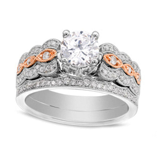 1.38 CT. T.W. Natural Diamond Scallop Antique Vintage-Style Bridal Engagement Ring Set in Solid 14K Two-Tone Gold