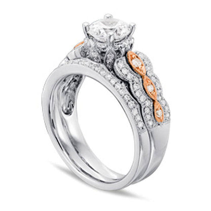 1.38 CT. T.W. Natural Diamond Scallop Antique Vintage-Style Bridal Engagement Ring Set in Solid 14K Two-Tone Gold