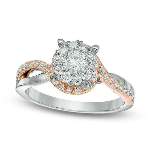 0.63 CT. T.W. Natural Diamond Frame Swirl Split Shank Engagement Ring in Solid 14K Two-Tone Gold