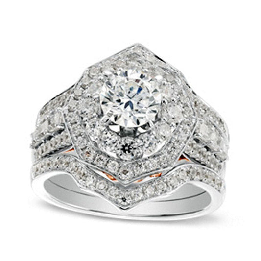 1.75 CT. T.W. Natural Diamond Octagonal Frame Three Piece Bridal Engagement Ring Set in Solid 14K Two-Tone Gold