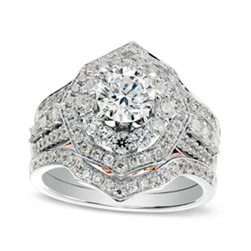 1.75 CT. T.W. Natural Diamond Octagonal Frame Three Piece Bridal Engagement Ring Set in Solid 14K Two-Tone Gold