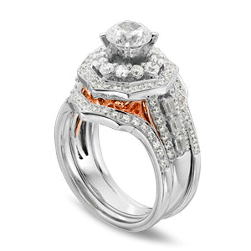 1.75 CT. T.W. Natural Diamond Octagonal Frame Three Piece Bridal Engagement Ring Set in Solid 14K Two-Tone Gold