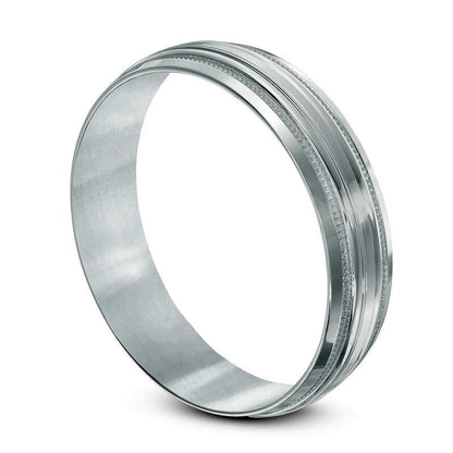 Men's 5.0mm Grooved Low Dome Wedding Band in Solid 10K White Gold