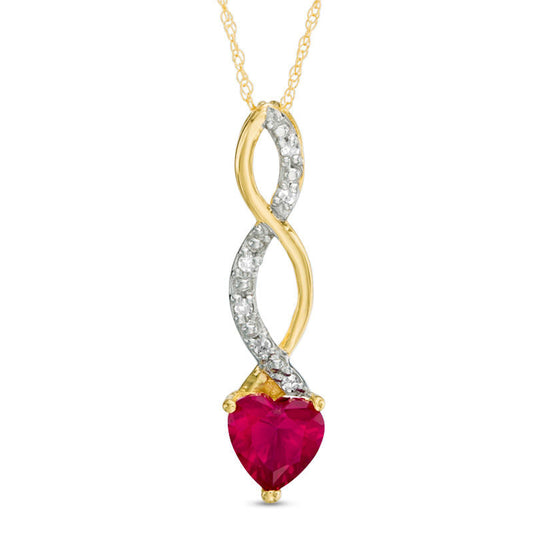 6.0mm Heart-Shaped Lab-Created Ruby and Diamond Accent Cascading Pendant in 10K Yellow Gold