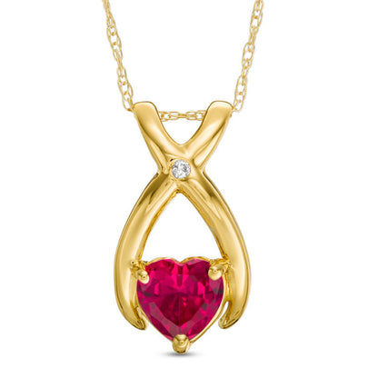 6.0mm Heart-Shaped Lab-Created Ruby and Diamond Accent Wishbone Pendant in 10K Yellow Gold