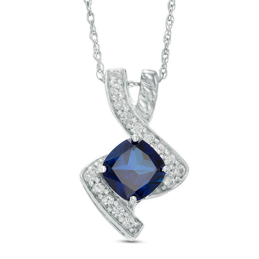 7.0mm Cushion-Cut Lab-Created Blue and White Sapphire Bypass Pendant in Sterling Silver