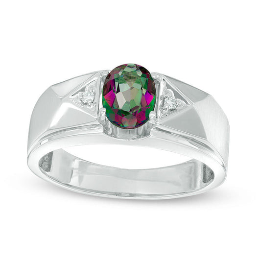 Men's Oval Mystic Fire« Topaz and Natural Diamond Accent Ring in Solid 10K White Gold