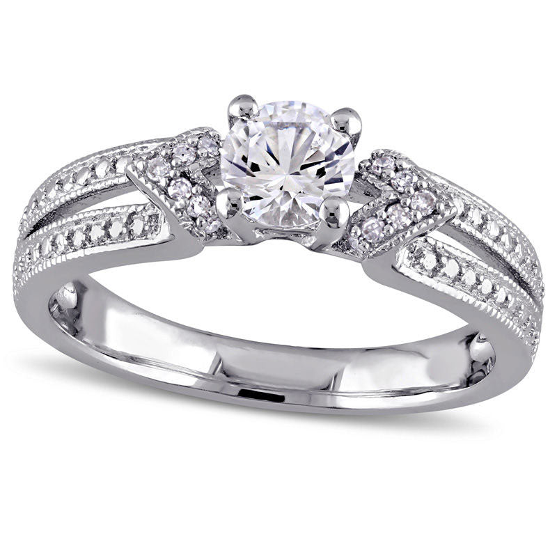 5.0mm Lab-Created White Sapphire and Diamond Accent Collar Antique Vintage-Style Split Shank Ring in Sterling Silver