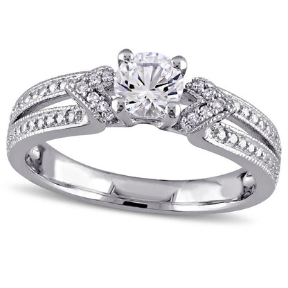 5.0mm Lab-Created White Sapphire and Diamond Accent Collar Antique Vintage-Style Split Shank Ring in Sterling Silver