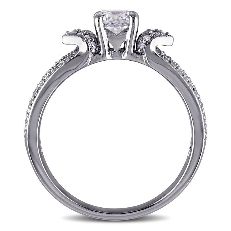 5.0mm Lab-Created White Sapphire and Diamond Accent Collar Antique Vintage-Style Split Shank Ring in Sterling Silver