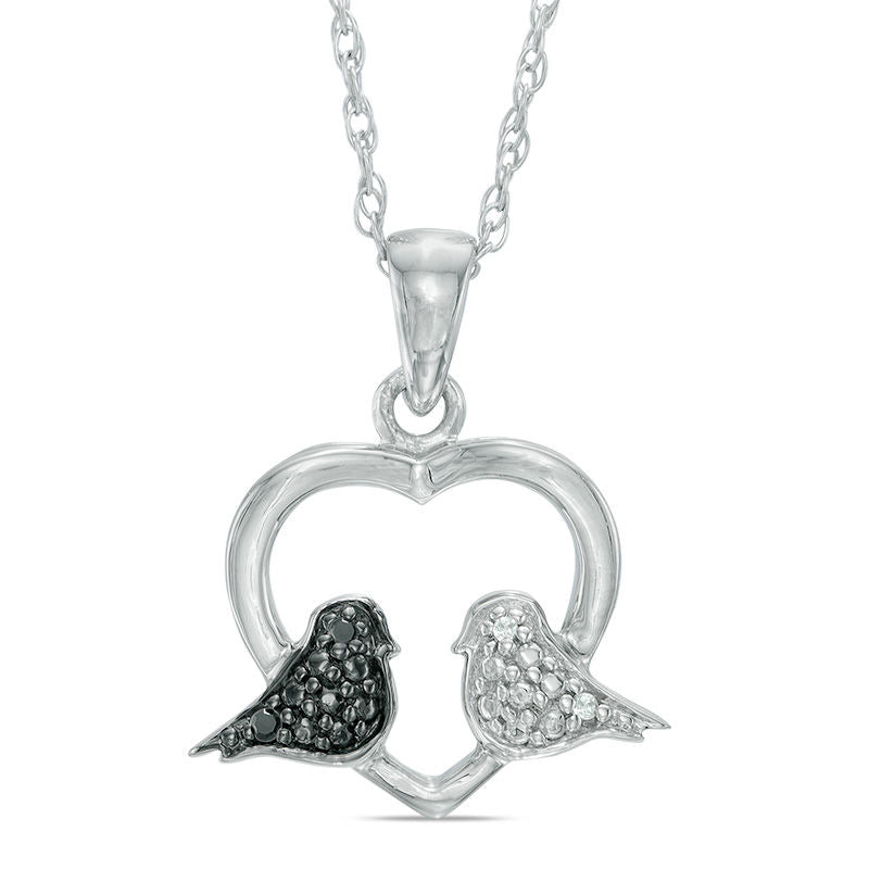 Enhanced Black and White Natural Diamond Accent Love Birds in Heart Pendant in Sterling Silver