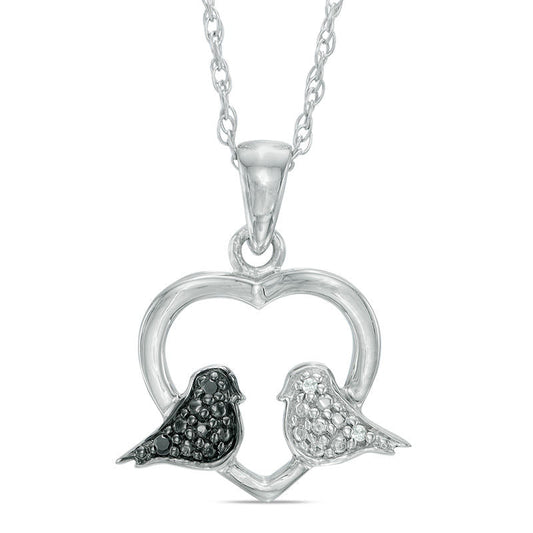 Enhanced Black and White Natural Diamond Accent Love Birds in Heart Pendant in Sterling Silver