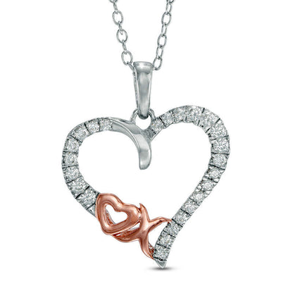 0.33 CT. T.W. Natural Diamond XO" Heart Pendant in Sterling Silver with 14K Rose Gold Plate"