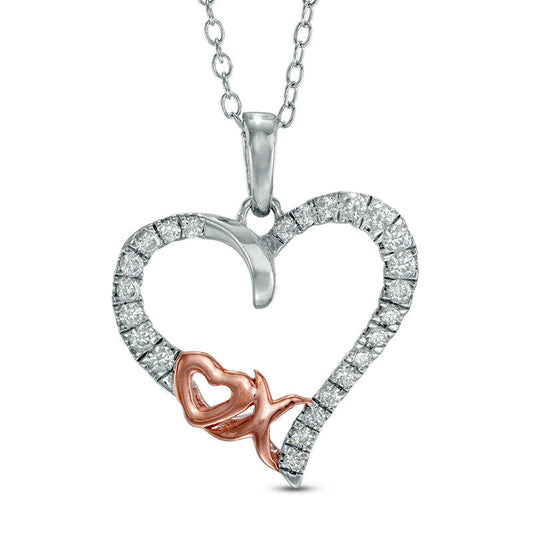 0.33 CT. T.W. Natural Diamond XO" Heart Pendant in Sterling Silver with 14K Rose Gold Plate"
