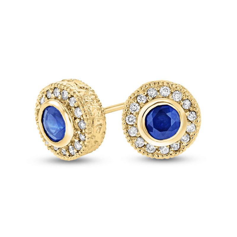 Blue Sapphire and 0.2 CT. T.W. Diamond Vintage-Style Circle Stud Earrings in 14K Gold