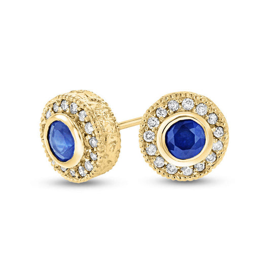 Blue Sapphire and 0.2 CT. T.W. Diamond Vintage-Style Circle Stud Earrings in 14K Gold