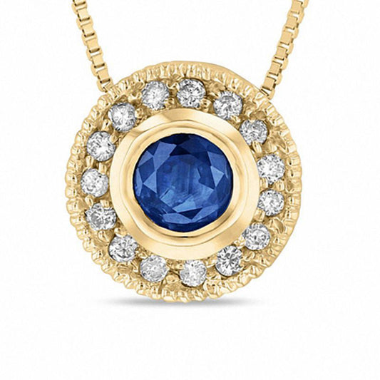 Blue Sapphire and 0.1 CT. T.W. Natural Diamond Antique Vintage-Style Circle Necklace in 14K Gold