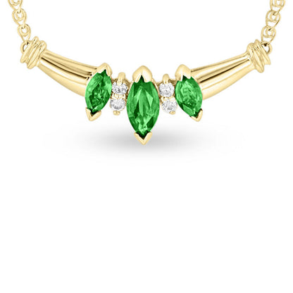 Marquise Emerald and Natural Diamond Accent Three Stone Necklace in 14K Gold - 16