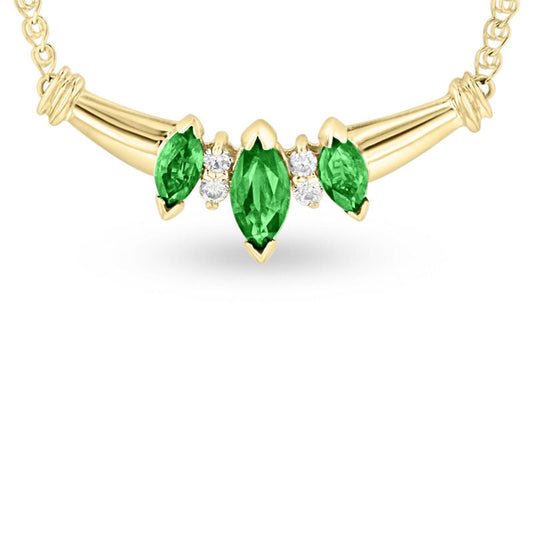 Marquise Emerald and Natural Diamond Accent Three Stone Necklace in 14K Gold - 16
