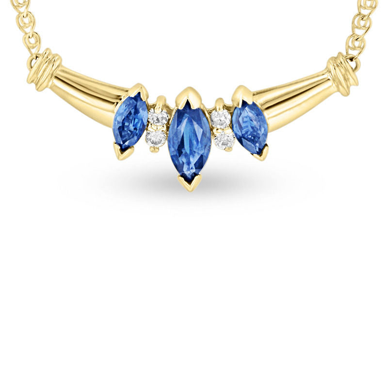 Marquise Blue Sapphire and Natural Diamond Accent Three Stone Necklace in 14K Gold - 16