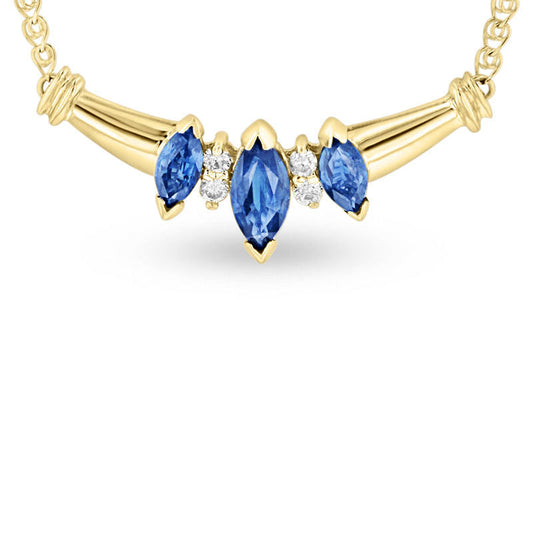 Marquise Blue Sapphire and Natural Diamond Accent Three Stone Necklace in 14K Gold - 16