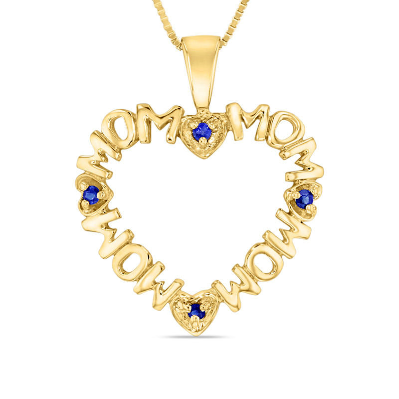 Blue Sapphire Repeating MOM" Heart Pendant in 14K Gold"