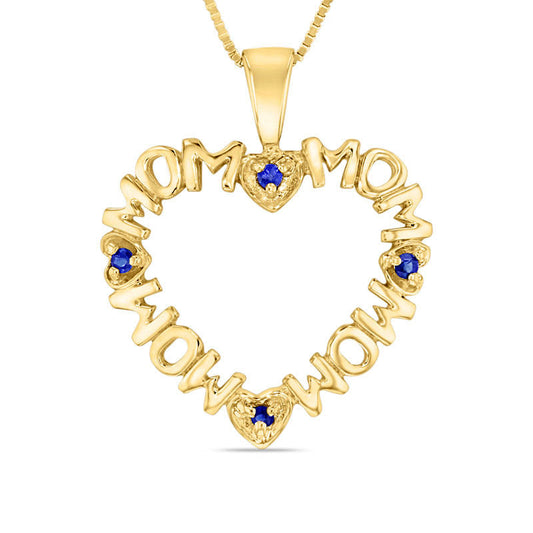 Blue Sapphire Repeating MOM" Heart Pendant in 14K Gold"