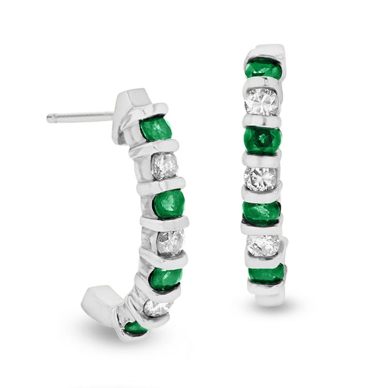 Emerald and 0.33 CT. T.W. Diamond J-Hoop Earrings in 14K White Gold