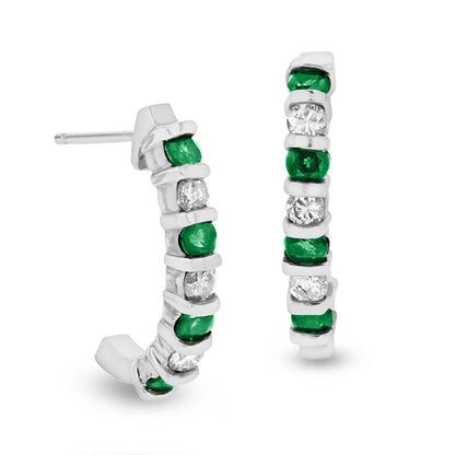 Emerald and 0.33 CT. T.W. Diamond J-Hoop Earrings in 14K White Gold