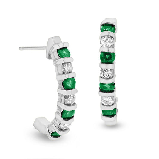 Emerald and 0.33 CT. T.W. Diamond J-Hoop Earrings in 14K White Gold