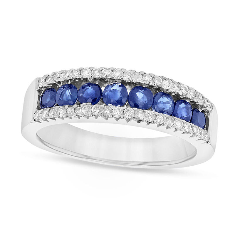 Blue Sapphire and 0.25 CT. T.W. Natural Diamond Band in Solid 14K White Gold