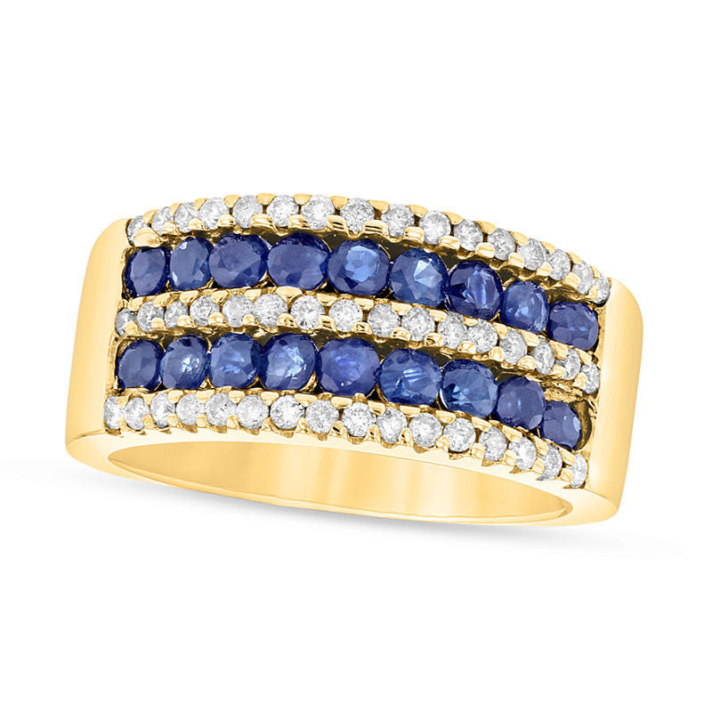 Blue Sapphire and 0.38 CT. T.W. Natural Diamond Multi-Row Band in Solid 14K Gold