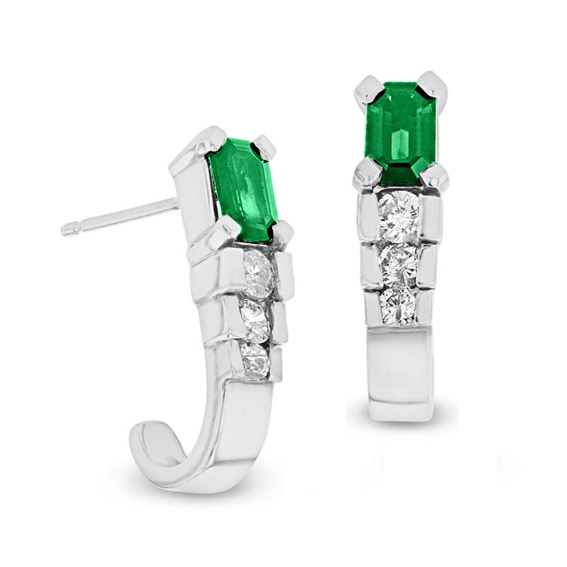 Emerald-Cut Emerald and 0.33 CT. T.W. Diamond Tiered J-Hoop Earrings in 14K White Gold