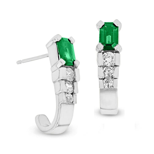 Emerald-Cut Emerald and 0.33 CT. T.W. Diamond Tiered J-Hoop Earrings in 14K White Gold