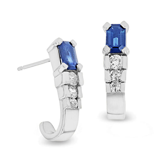 Emerald-Cut Blue Sapphire and 0.33 CT. T.W. Diamond Tiered J-Hoop Earrings in 14K White Gold
