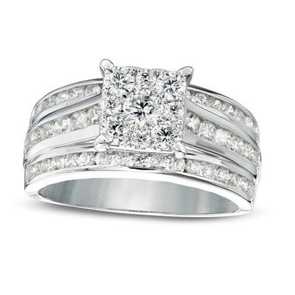 1.5 CT. T.W. Natural Diamond Square Frame Multi-Row Engagement Ring in Solid 14K White Gold