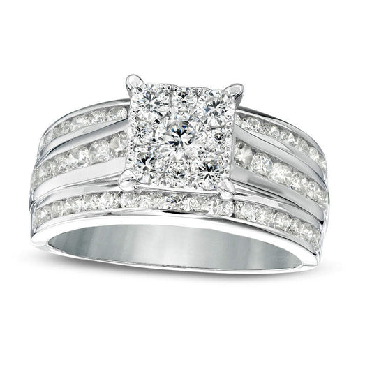 1.5 CT. T.W. Natural Diamond Square Frame Multi-Row Engagement Ring in Solid 14K White Gold